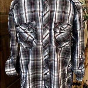 Mens RERUN Plaid Dress Shirt Lg, Long Sleeve Button Down Red Black White